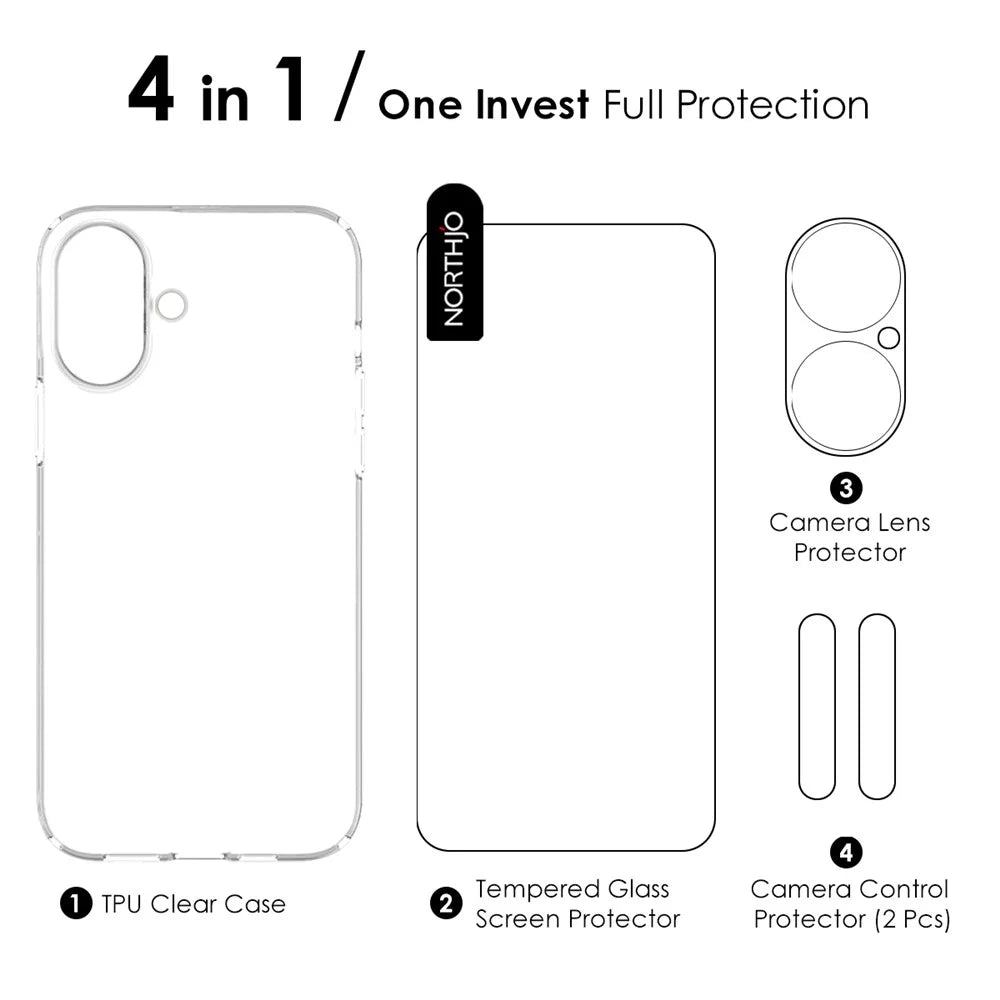 NORTHJO for iPhone 16 TPU Clear Phone Case with Tempered Glass Screen Protector and Lens Film - 6