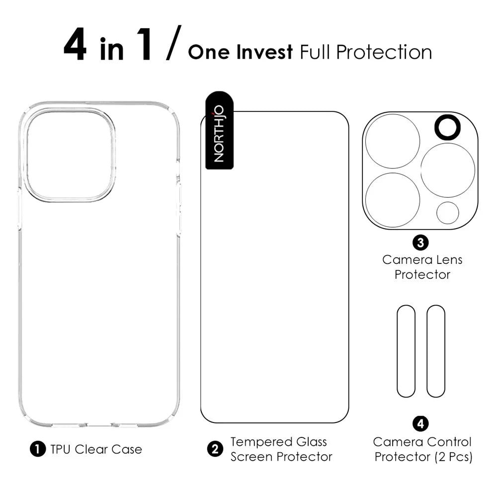 NORTHJO for iPhone 16 Pro Max TPU Clear Phone Case with Tempered Glass Screen Protector and Lens Film - 6