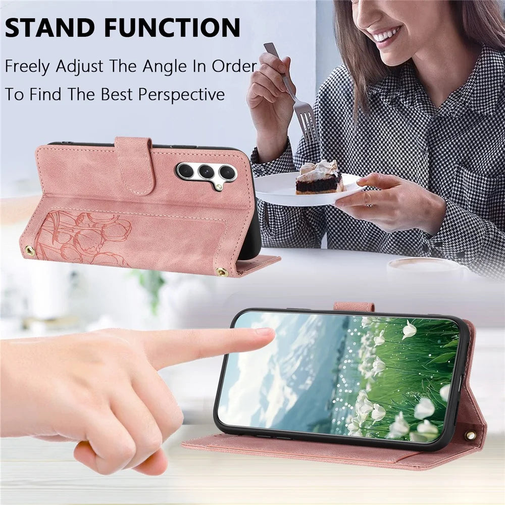 For Samsung Galaxy A05s 4G Case Tulip Leather Phone Cover with 5 Card Slots Wallet - Pink - 4