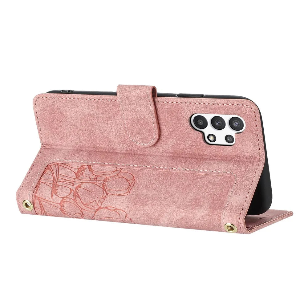 For Samsung Galaxy A13 4G / 5G Case Tulip Leather Phone Cover with 5 Card Slots Wallet - Pink - 2