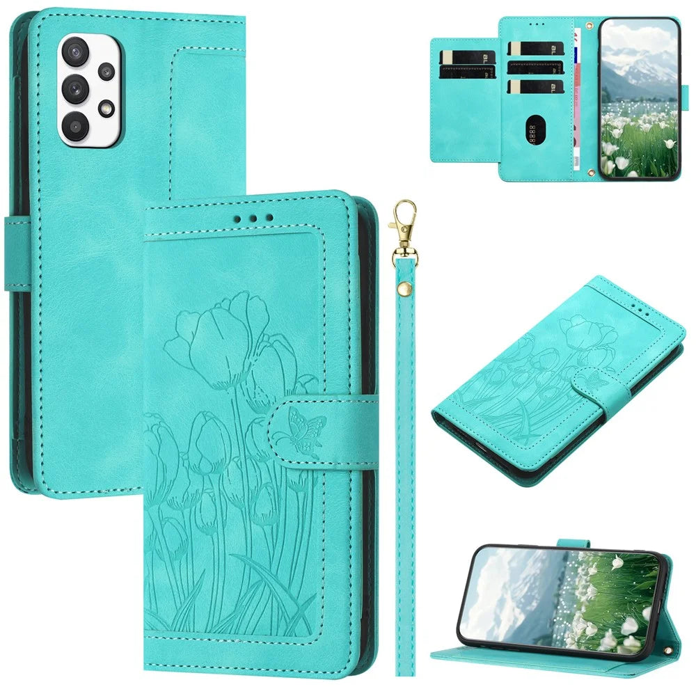 For Samsung Galaxy A23 5G (Global Version) / A23 4G Case Tulip Leather Phone Cover with 5 Card Slots Wallet - Green - 1