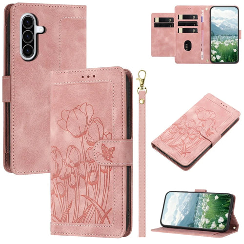 For Samsung Galaxy A36 5G Case Tulip Leather Phone Cover with 5 Card Slots Wallet - Pink - 1