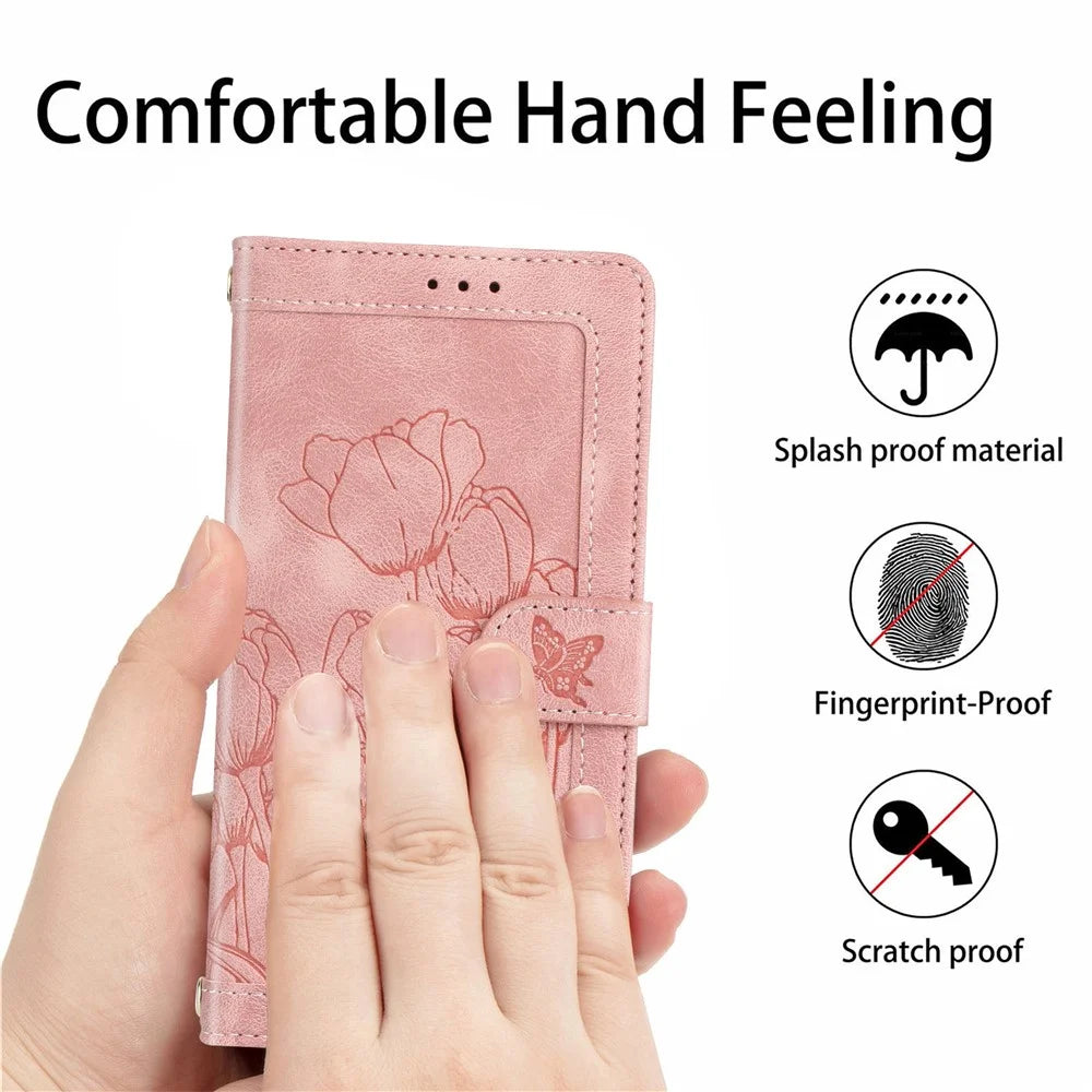 For Samsung Galaxy A36 5G Case Tulip Leather Phone Cover with 5 Card Slots Wallet - Pink - 7