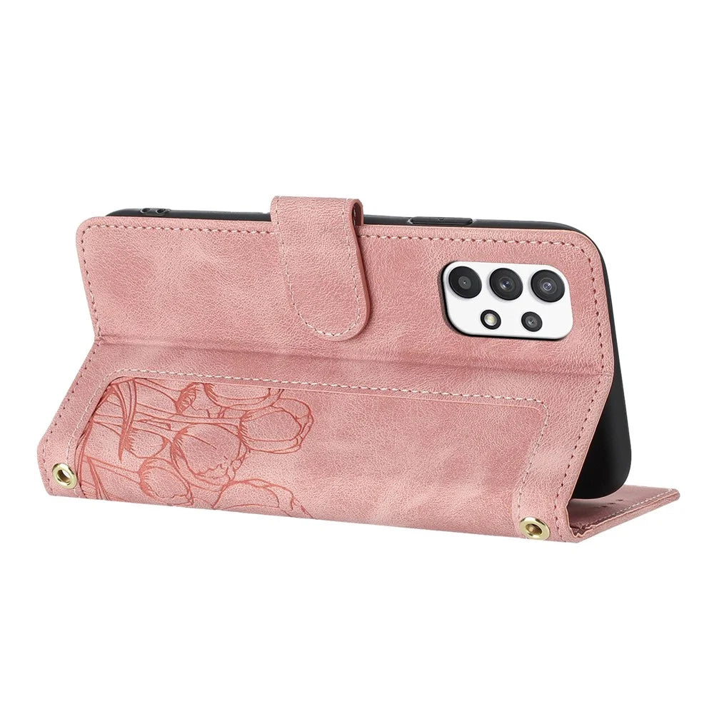 For Samsung Galaxy A53 5G Case Tulip Leather Phone Cover with 5 Card Slots Wallet - Pink - 2