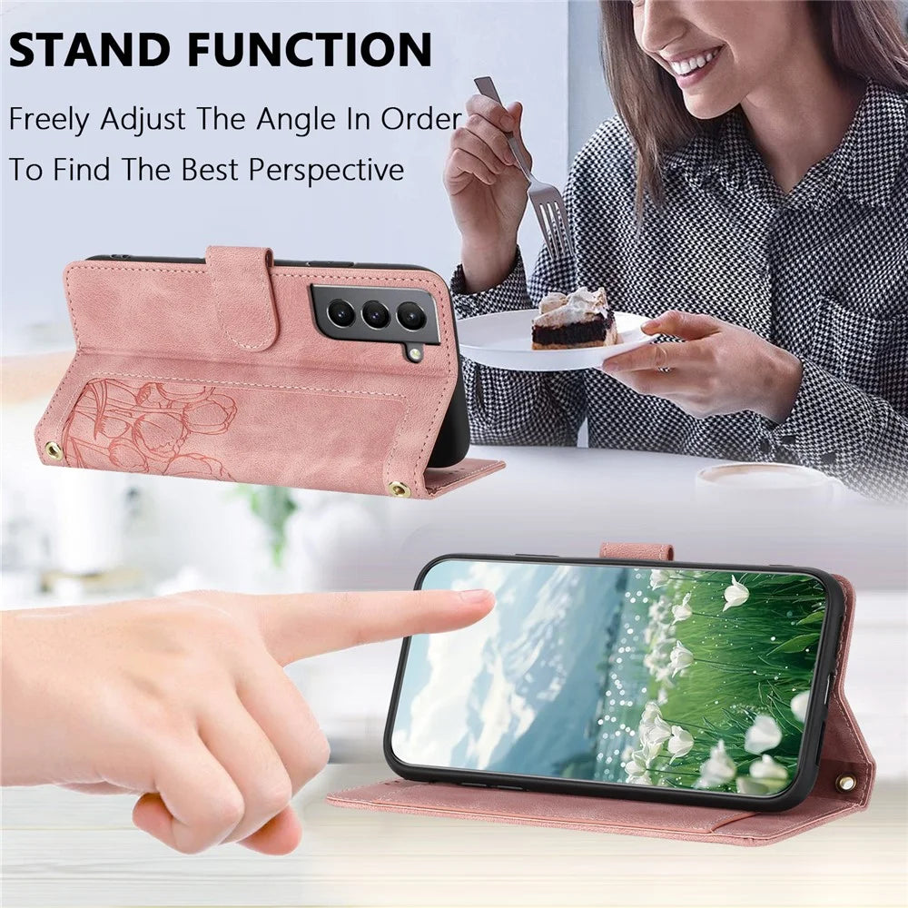 For Samsung Galaxy S22 5G Case Tulip Leather Phone Cover with 5 Card Slots Wallet - Pink - 4