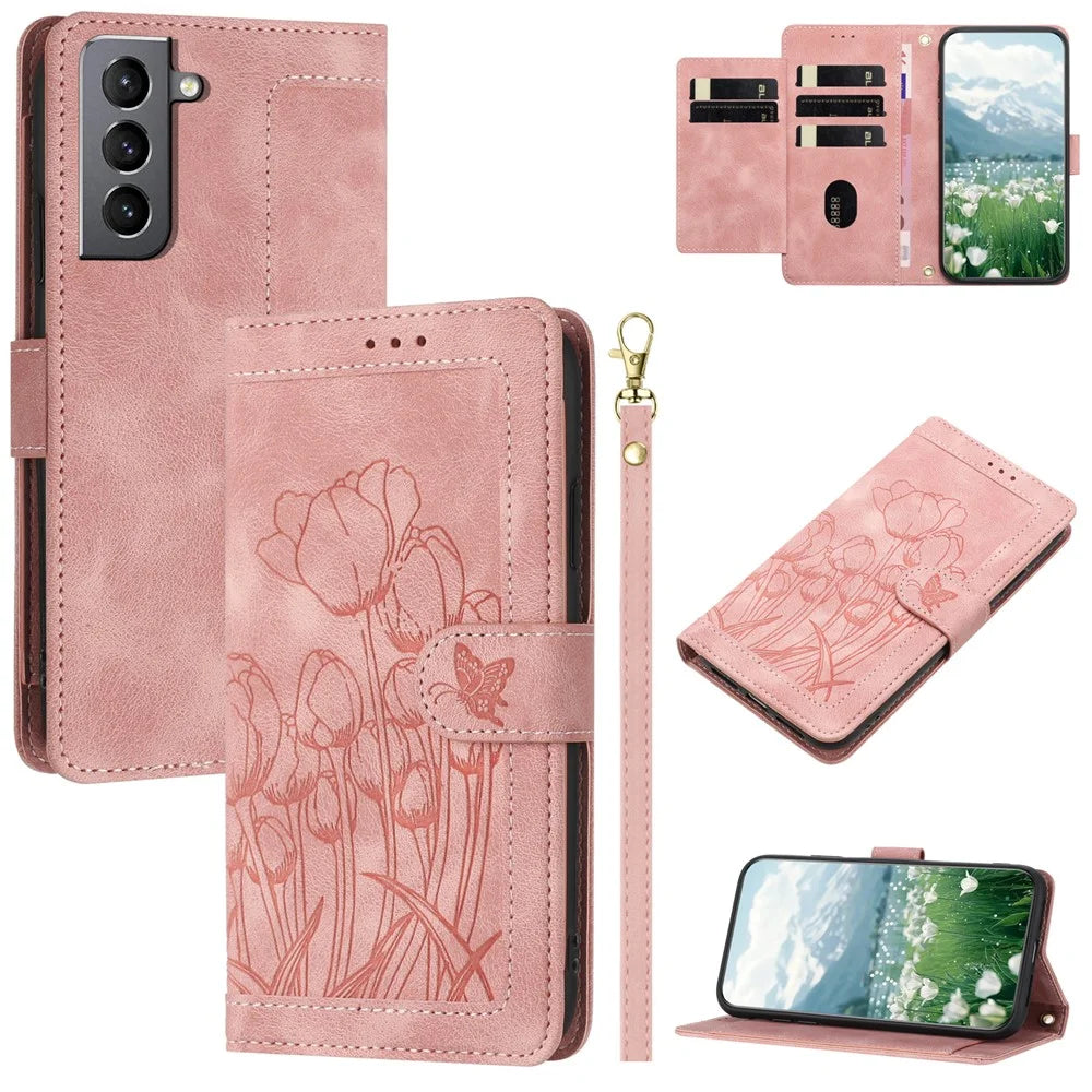 For Samsung Galaxy S22+ 5G Case Tulip Leather Phone Cover with 5 Card Slots Wallet - Pink - 1