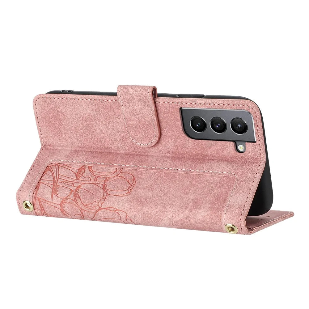 For Samsung Galaxy S22+ 5G Case Tulip Leather Phone Cover with 5 Card Slots Wallet - Pink - 2