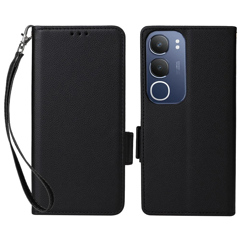 For vivo Y19s 4G / Y29 5G Case with Wrist Strap Litchi Texture PU Leather Wallet Phone Cover - Black - 1