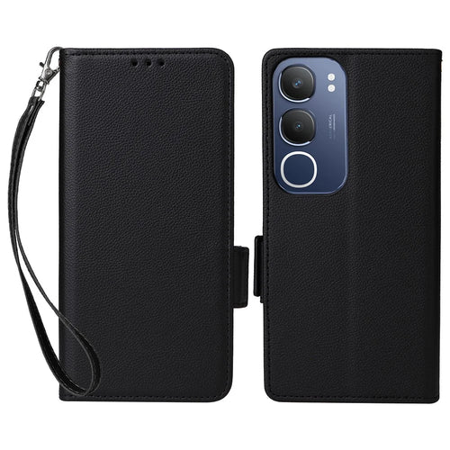For vivo Y19s 4G / Y29 5G Case with Wrist Strap Litchi Texture PU Leather Wallet Phone Cover - Black - 1
