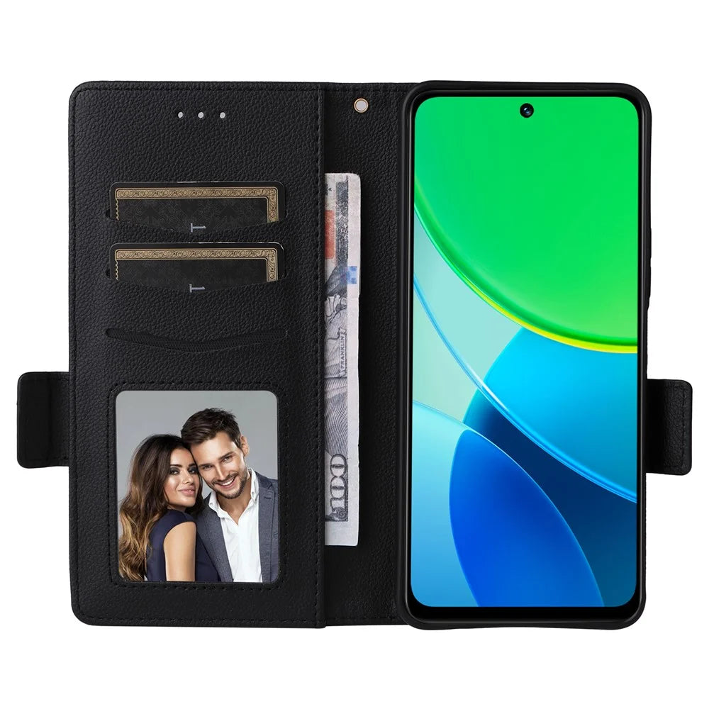 For vivo Y19s 4G / Y29 5G Case with Wrist Strap Litchi Texture PU Leather Wallet Phone Cover - Black - 2