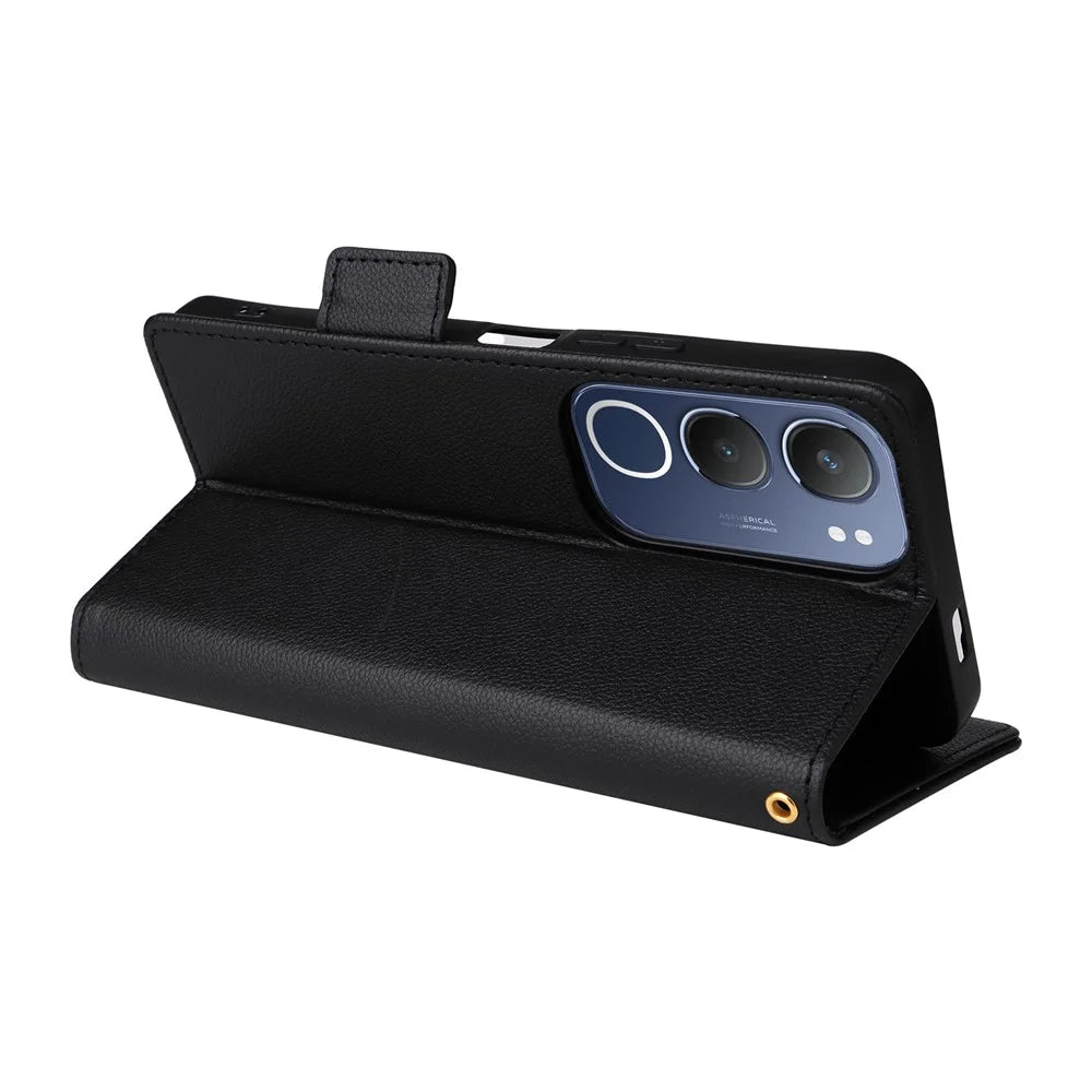 For vivo Y19s 4G / Y29 5G Case with Wrist Strap Litchi Texture PU Leather Wallet Phone Cover - Black - 3