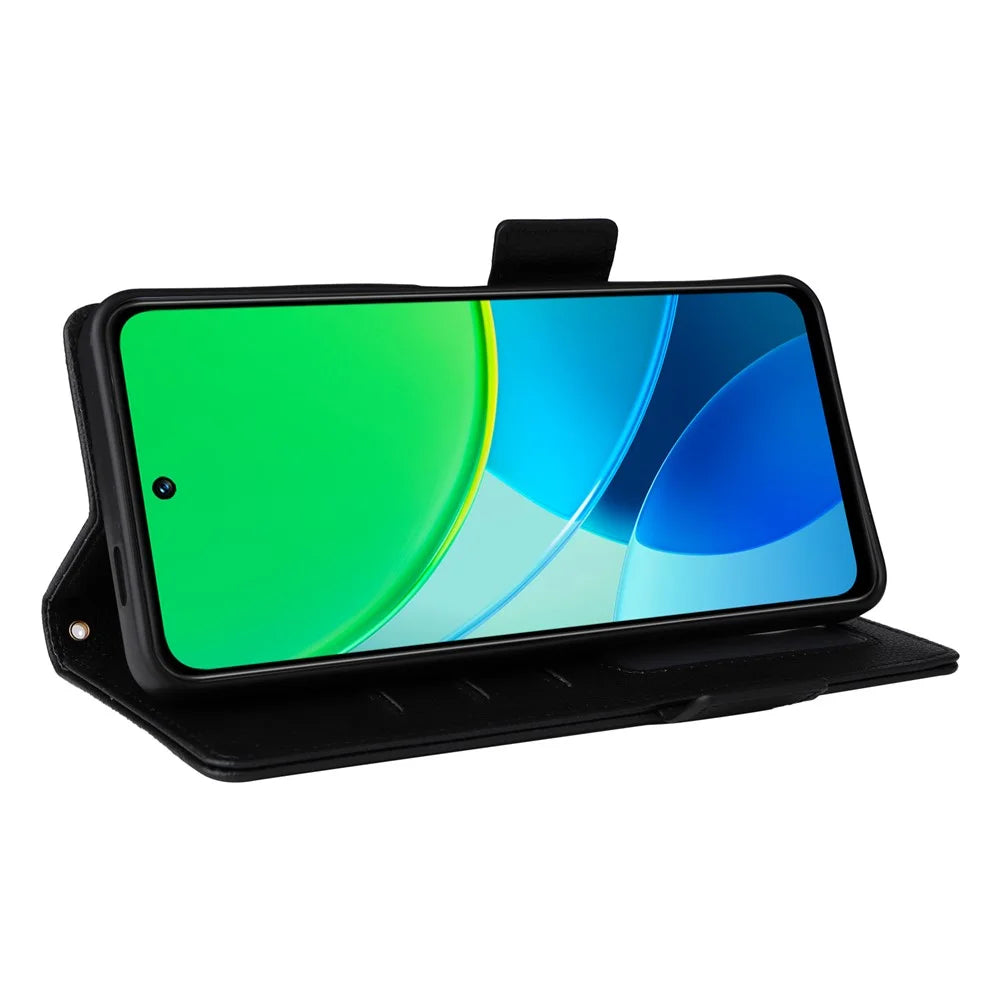 For vivo Y19s 4G / Y29 5G Case with Wrist Strap Litchi Texture PU Leather Wallet Phone Cover - Black - 4