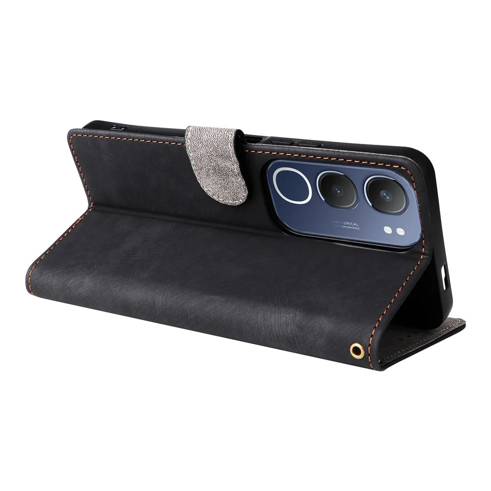 For vivo Y19s 4G / Y29 5G Wallet Case RFID Blocking PU Leather Cover Stand View - Black - 5