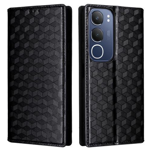 For vivo Y19s 4G / Y29 5G Wallet Case Rhombus Imprinted Leather Phone Cover - Black - 1