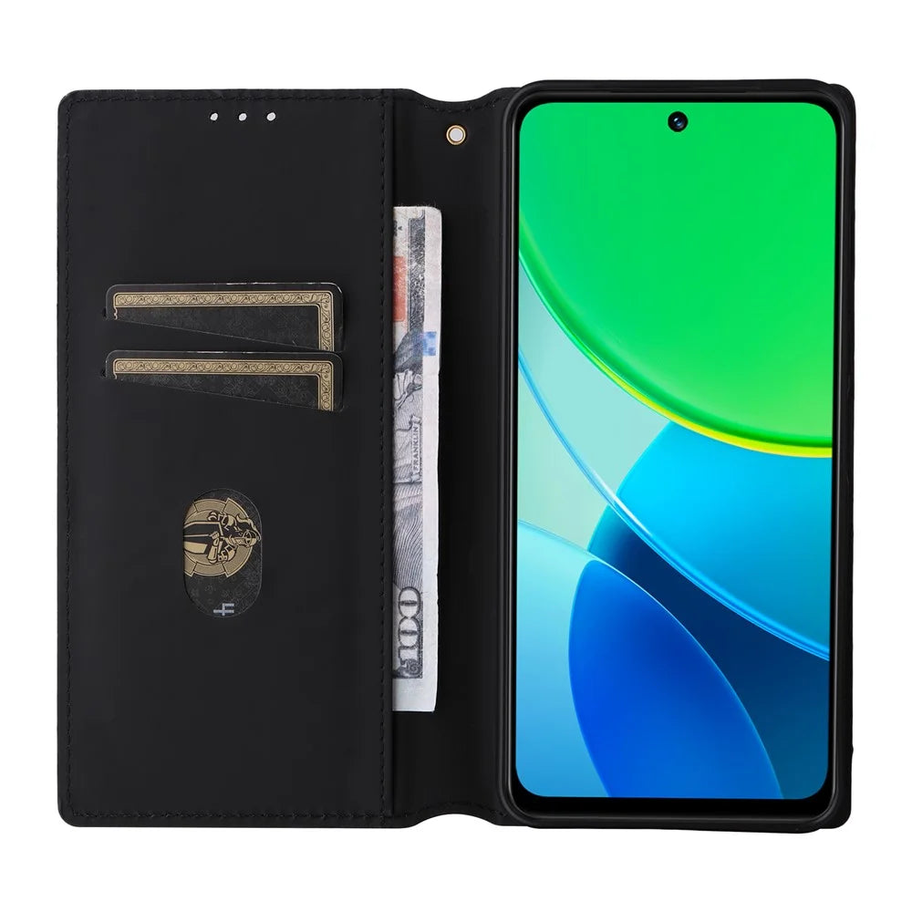 For vivo Y19s 4G / Y29 5G Wallet Case Rhombus Imprinted Leather Phone Cover - Black - 2