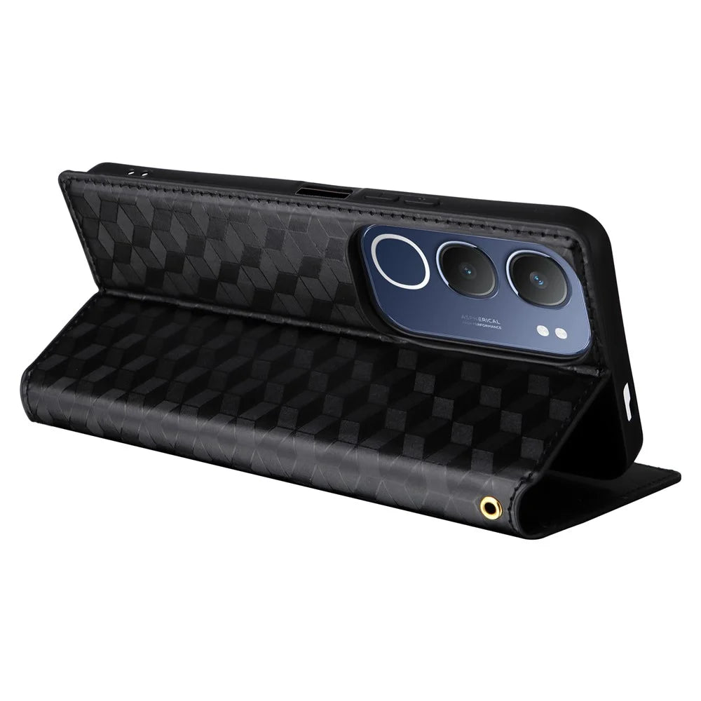 For vivo Y19s 4G / Y29 5G Wallet Case Rhombus Imprinted Leather Phone Cover - Black - 5