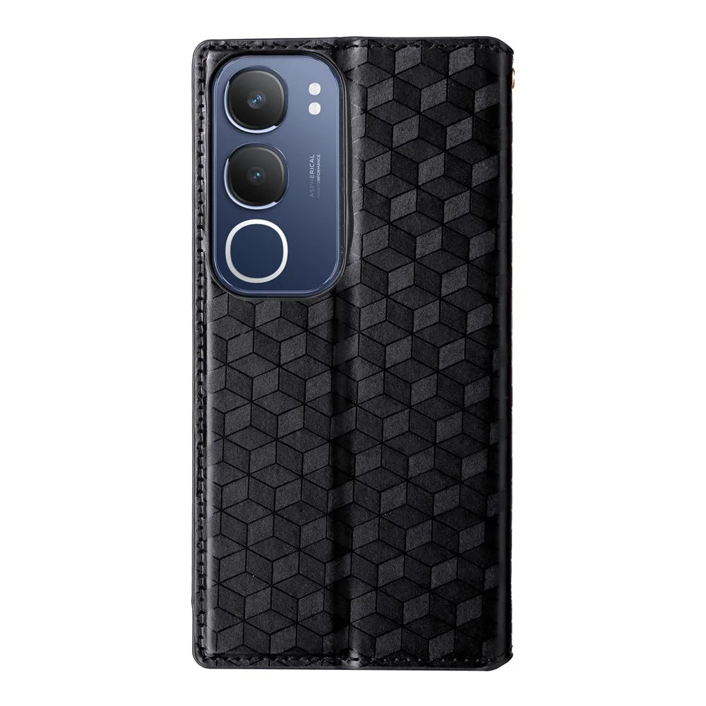 For vivo Y19s 4G / Y29 5G Wallet Case Rhombus Imprinted Leather Phone Cover - Black - 7