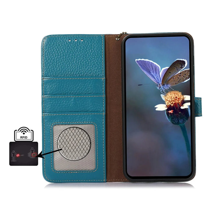 For OnePlus 13 Case RFID Blocking Genuine Cow Leather Phone Cover Litchi Texture - Blue - 4