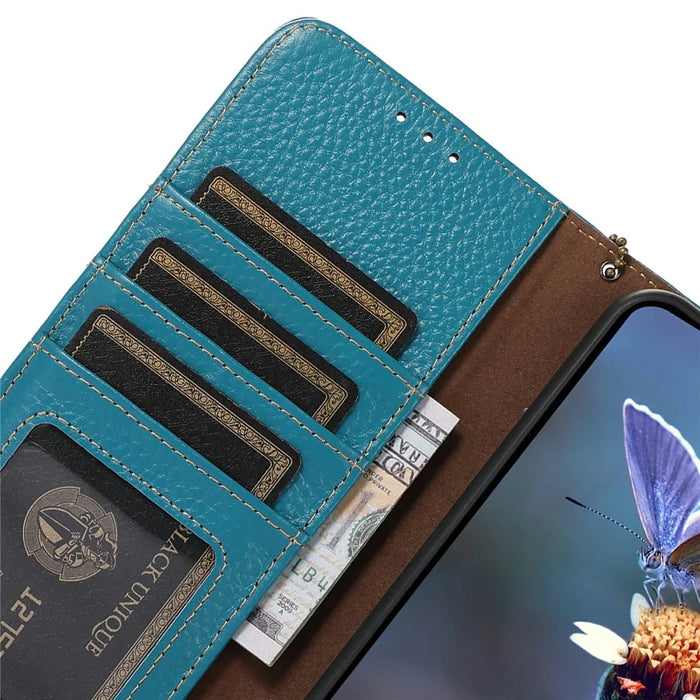 For OnePlus 13 Case RFID Blocking Genuine Cow Leather Phone Cover Litchi Texture - Blue - 5