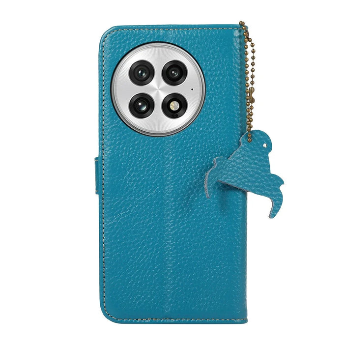 For OnePlus 13 Case RFID Blocking Genuine Cow Leather Phone Cover Litchi Texture - Blue - 7
