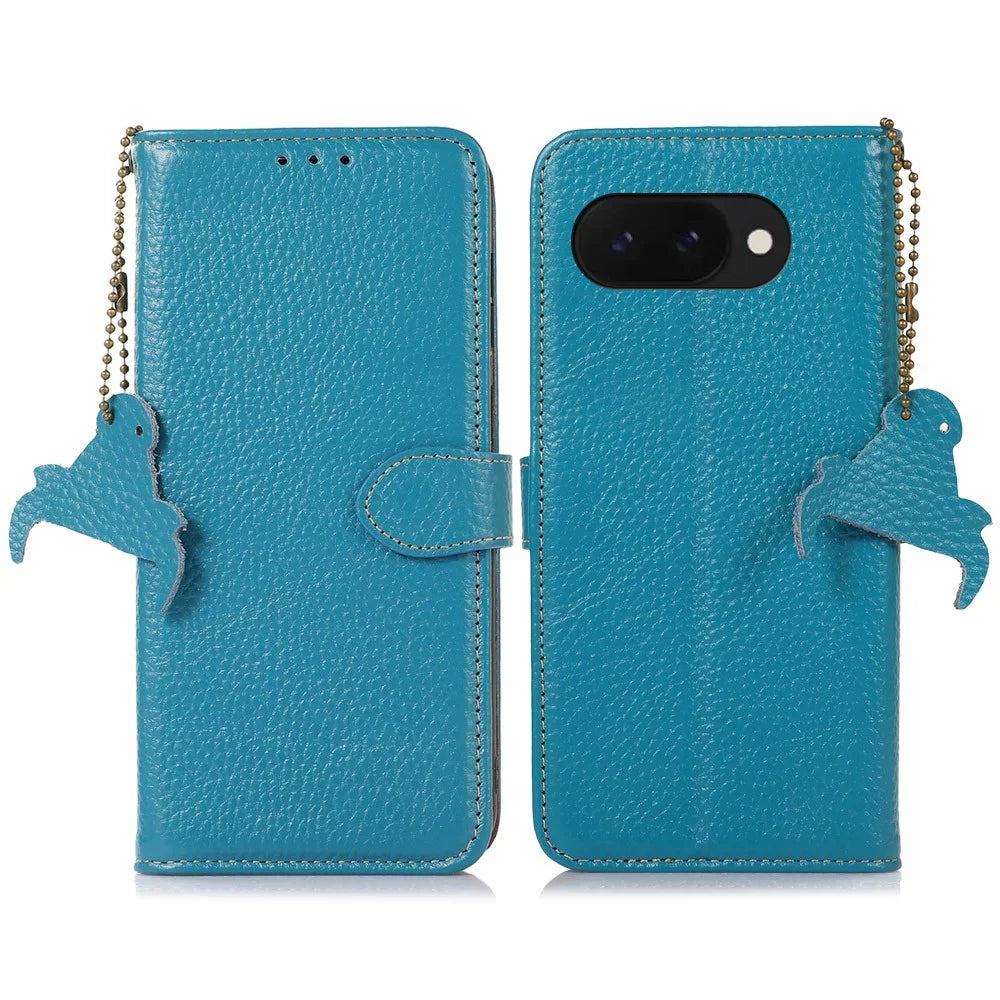 For Google Pixel 9a Case RFID Blocking Genuine Cow Leather Phone Cover Litchi Texture - Blue - 1