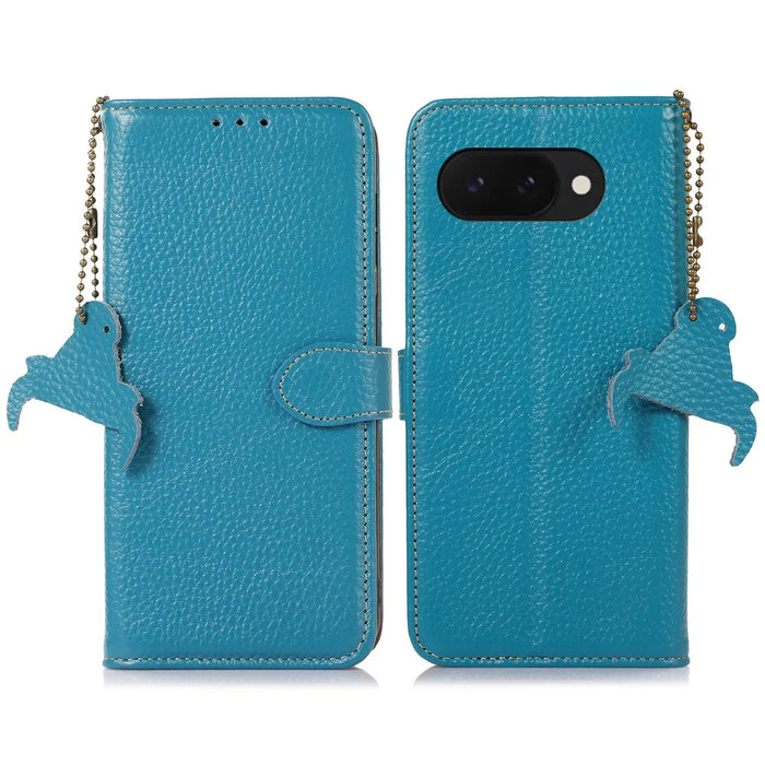 For Google Pixel 9a Case RFID Blocking Genuine Cow Leather Phone Cover Litchi Texture - Blue - 1
