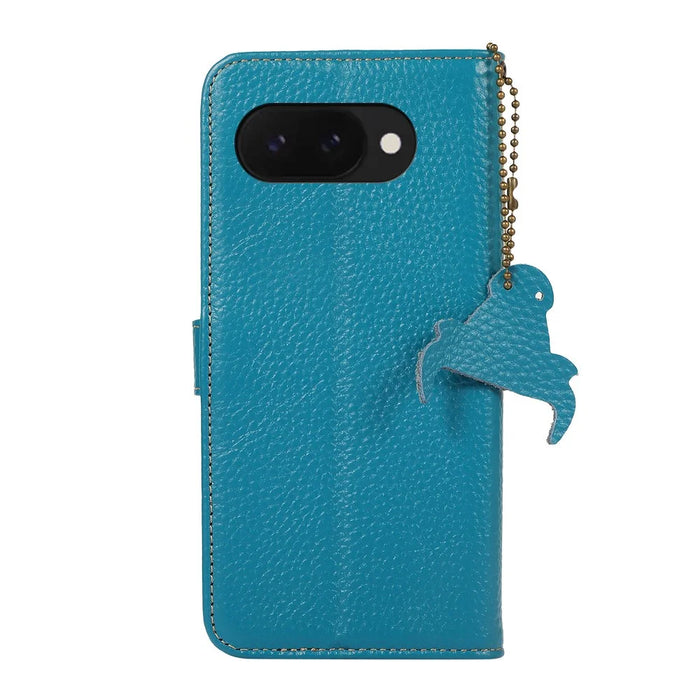 For Google Pixel 9a Case RFID Blocking Genuine Cow Leather Phone Cover Litchi Texture - Blue - 7
