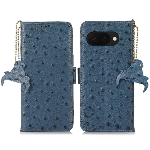 For Google Pixel 9a Case RFID Blocking Genuine Cow Leather Phone Case Ostrich Texture - Blue - 1