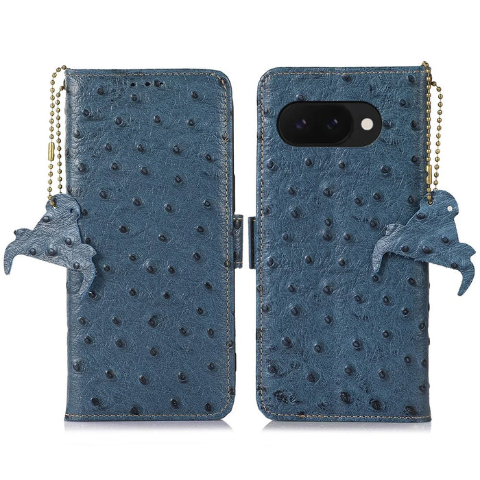 For Google Pixel 9a Case RFID Blocking Genuine Cow Leather Phone Case Ostrich Texture - Blue - 1