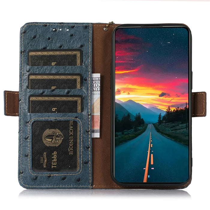 For Google Pixel 9a Case RFID Blocking Genuine Cow Leather Phone Case Ostrich Texture - Blue - 2