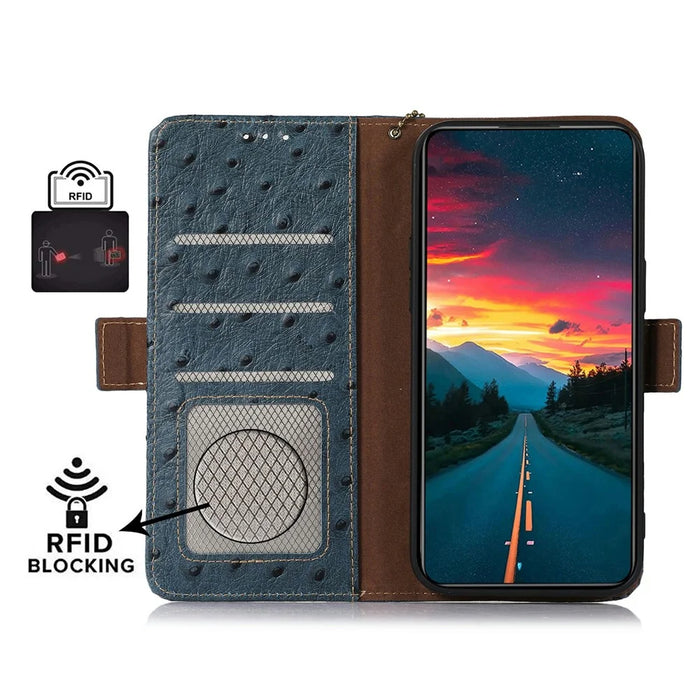 For Google Pixel 9a Case RFID Blocking Genuine Cow Leather Phone Case Ostrich Texture - Blue - 4