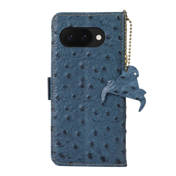 For Google Pixel 9a Case RFID Blocking Genuine Cow Leather Phone Case Ostrich Texture - Blue - 7