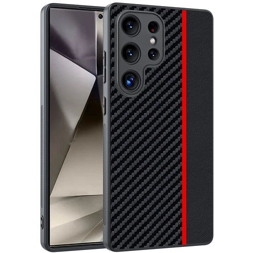 For Samsung Galaxy S25 Ultra Case Leather+PC Hard Phone Cover Carbon Fiber Texture - Black / Red - 1
