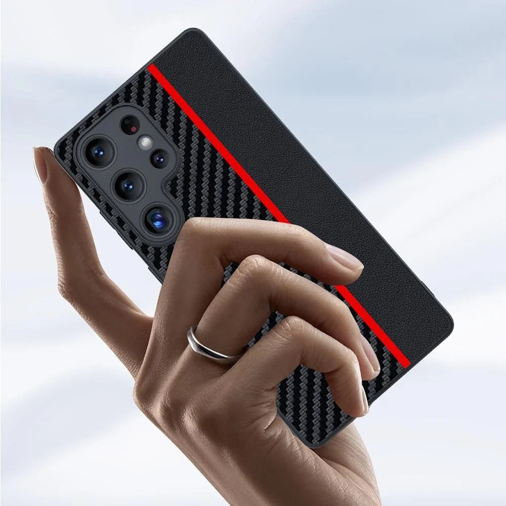 For Samsung Galaxy S25 Ultra Case Leather+PC Hard Phone Cover Carbon Fiber Texture - Black / Red - 2