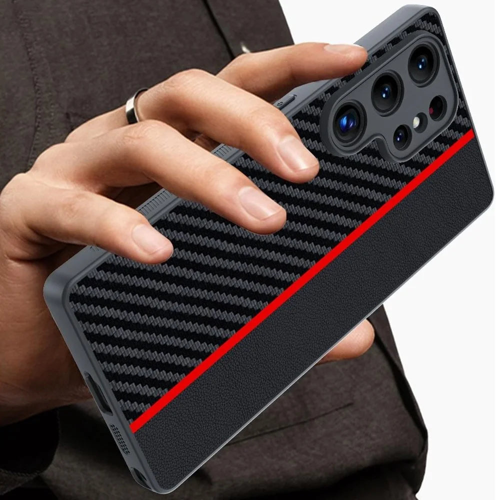 For Samsung Galaxy S25 Ultra Case Leather+PC Hard Phone Cover Carbon Fiber Texture - Black / Red - 3