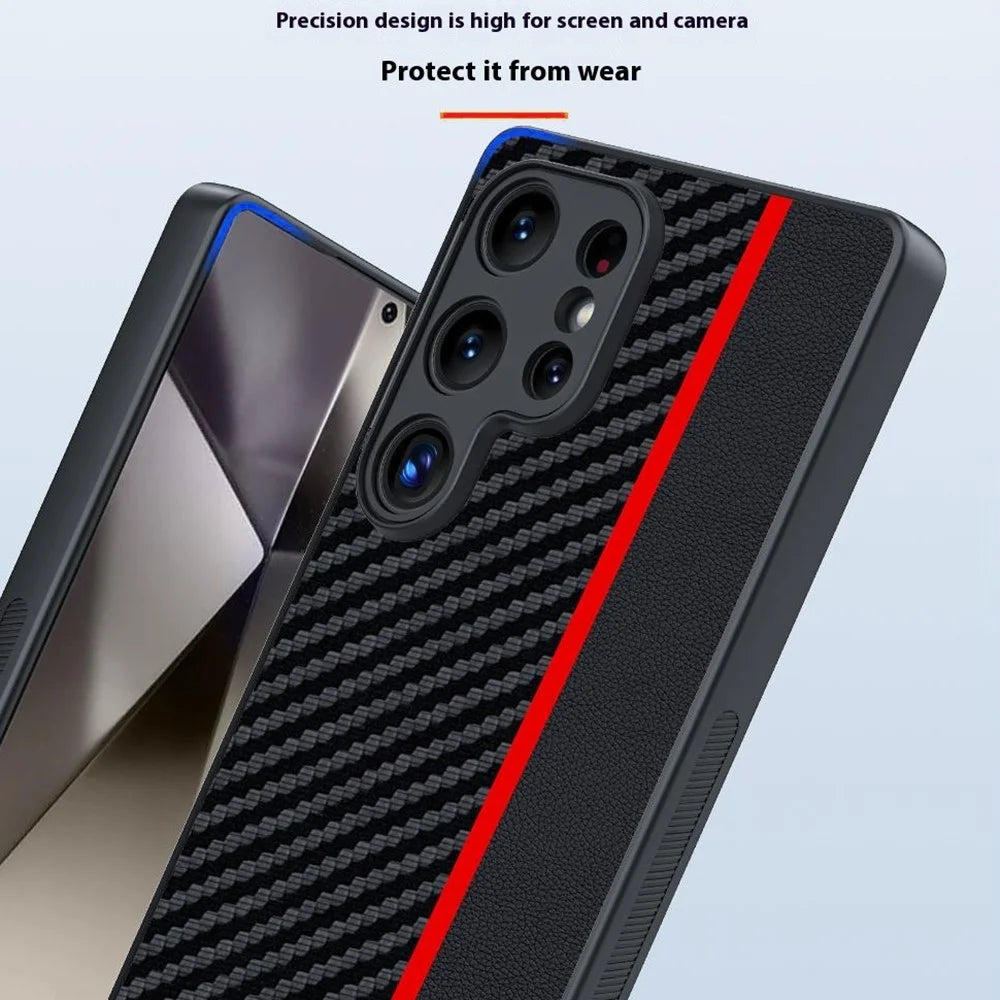 For Samsung Galaxy S25 Ultra Case Leather+PC Hard Phone Cover Carbon Fiber Texture - Black / Red - 4