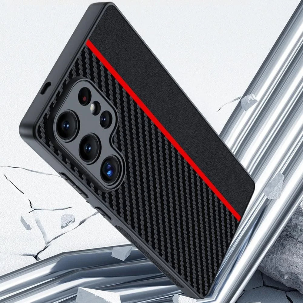 For Samsung Galaxy S25 Ultra Case Leather+PC Hard Phone Cover Carbon Fiber Texture - Black / Red - 5