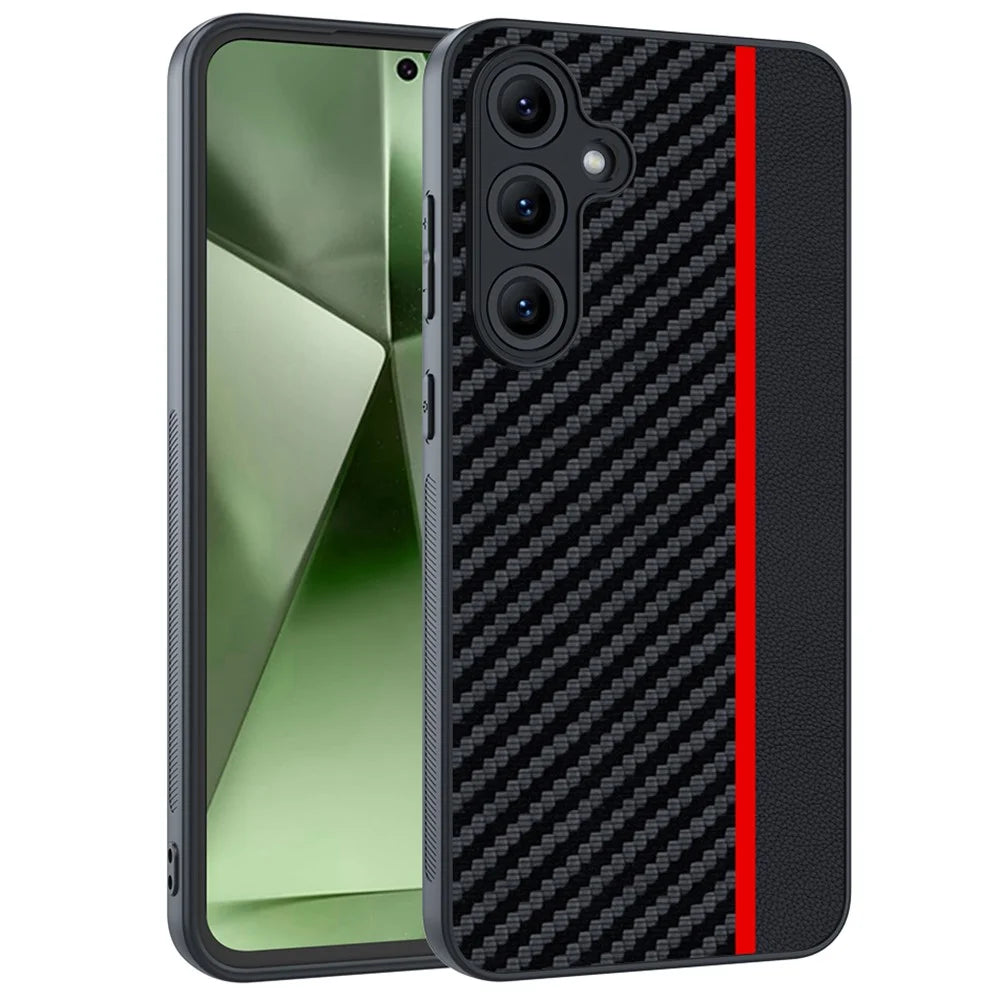 For Samsung Galaxy S25+ Case Leather+PC Hard Phone Cover Carbon Fiber Texture - Black / Red - 1