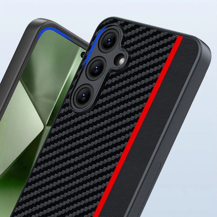 For Samsung Galaxy S24 FE Case Leather+PC Hard Phone Cover Carbon Fiber Texture - Black / Red - 5