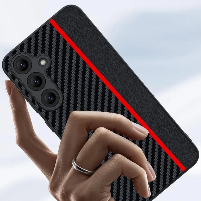 For Samsung Galaxy S24+ Case Leather+PC Hard Phone Cover Carbon Fiber Texture - Black / Red - 2