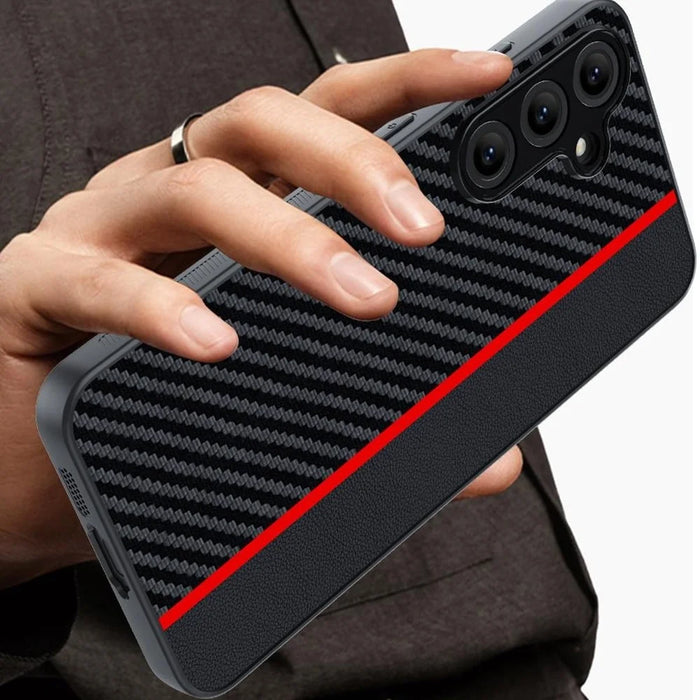 For Samsung Galaxy S24+ Case Leather+PC Hard Phone Cover Carbon Fiber Texture - Black / Red - 3