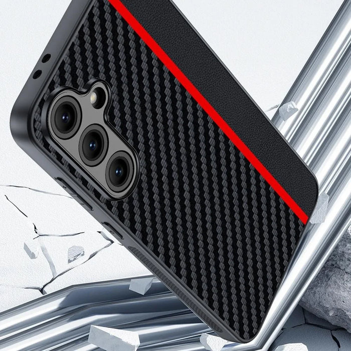 For Samsung Galaxy S24+ Case Leather+PC Hard Phone Cover Carbon Fiber Texture - Black / Red - 4