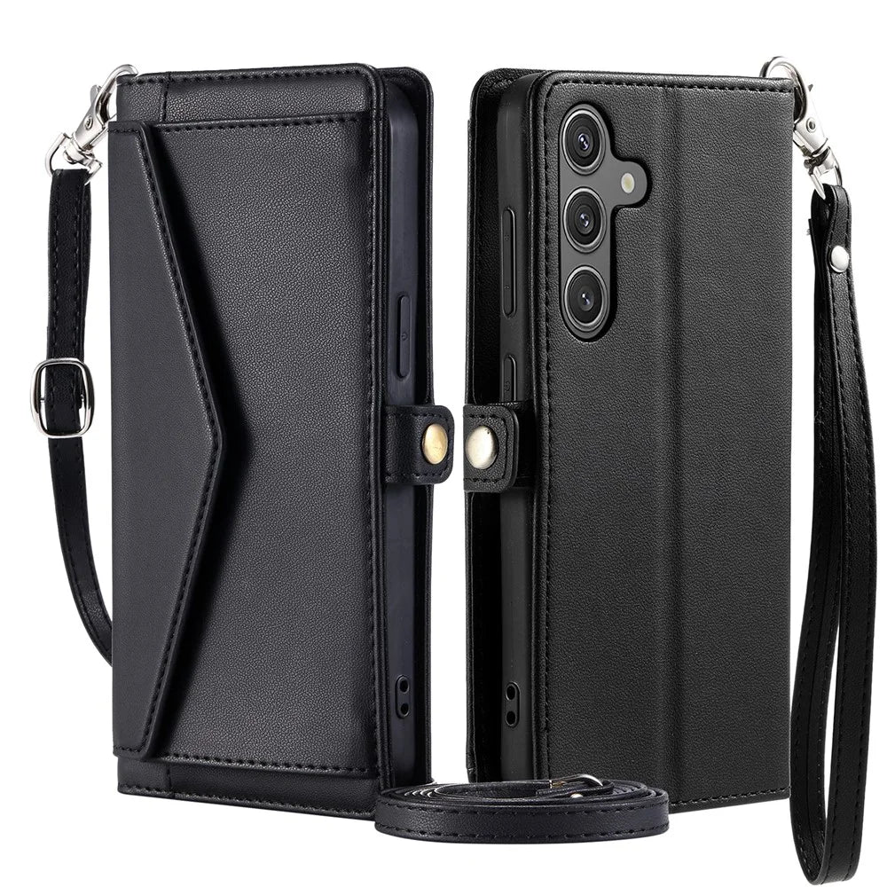 For Samsung Galaxy A36 5G Leather Case Wallet Stand Phone Cover with Straps - Black - 1