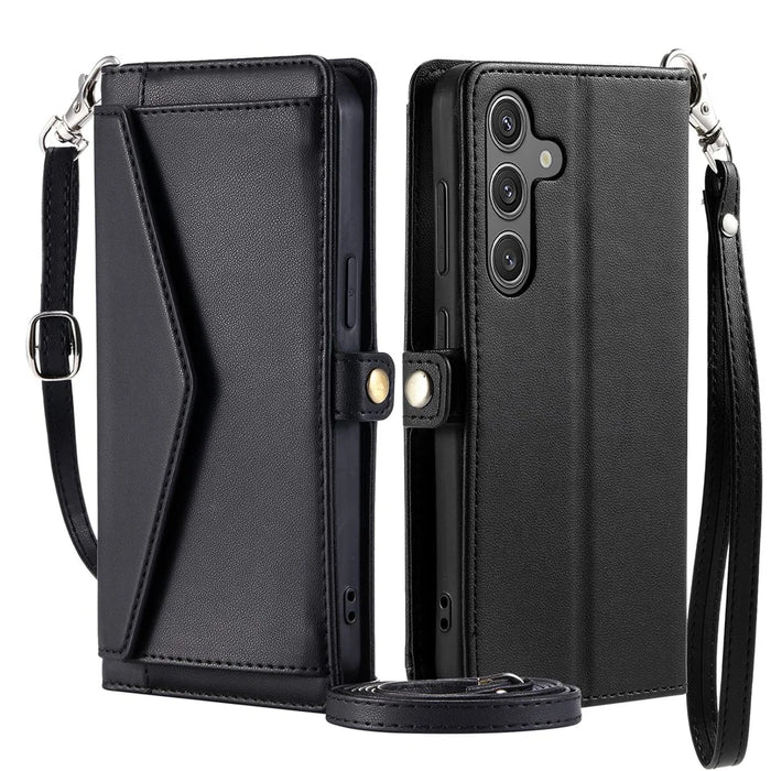 For Samsung Galaxy A36 5G Leather Case Wallet Stand Phone Cover with Straps - Black - 1