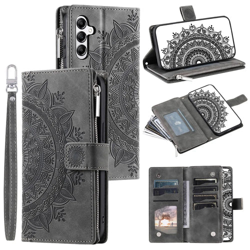 Style 006 For Samsung Galaxy A36 5G Wallet Case PU Leather Phone Cover Mandala Flower Pattern - Grey - 1