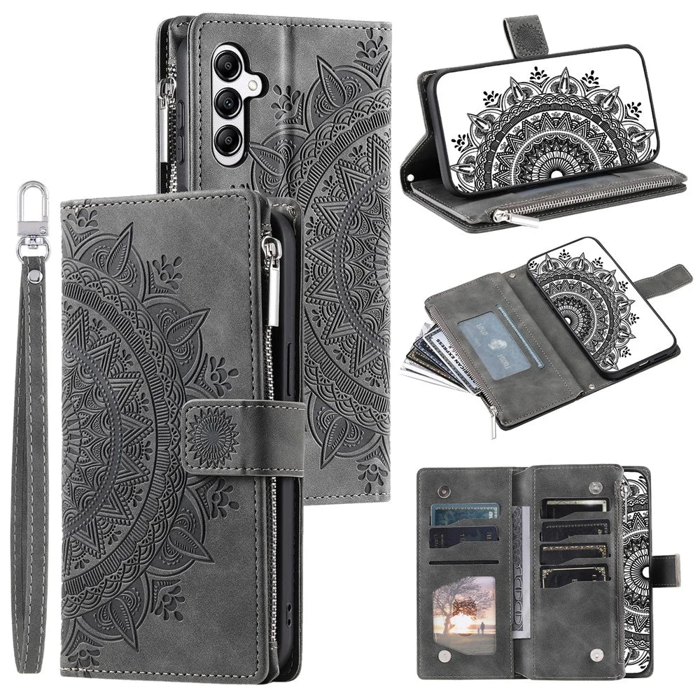 Style 006 For Samsung Galaxy A36 5G Wallet Case PU Leather Phone Cover Mandala Flower Pattern - Grey - 1