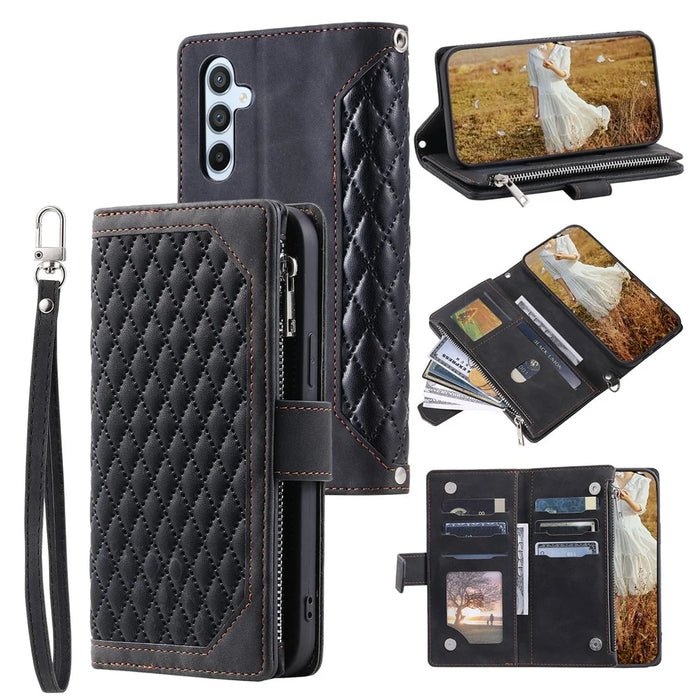 Style 005 For Samsung Galaxy A36 5G Wallet Case Rhombus Stitching Line PU Leather Phone Cover - Black - 1