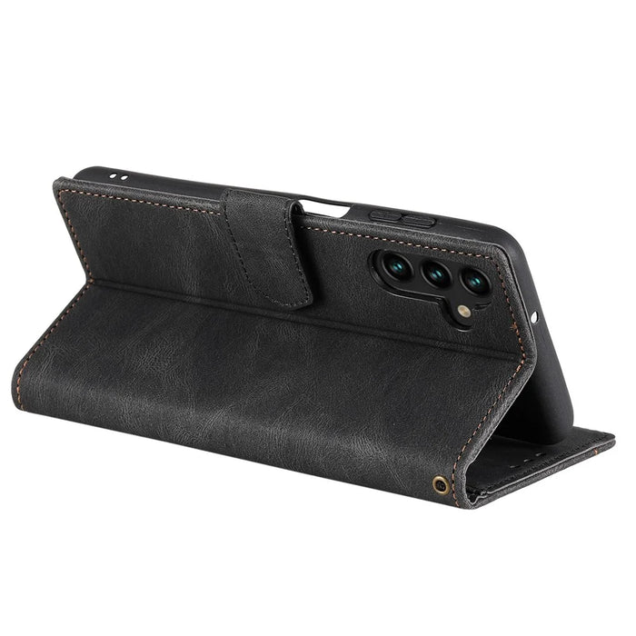 For Samsung Galaxy A36 5G Leather Case Splicing Stitching Wallet Stand Phone Cover with Strap - Black - 3