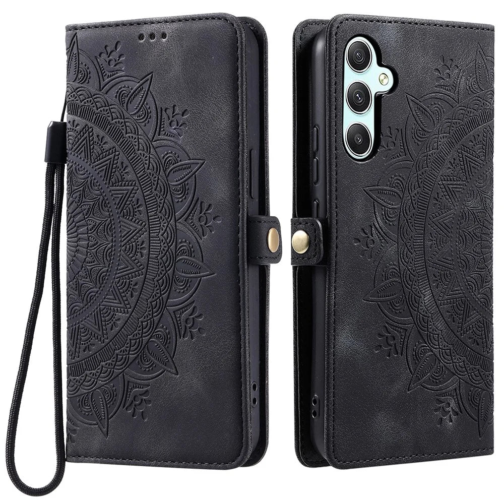 Style 016 For Samsung Galaxy A36 5G Case Skin Feel Totem Imprinted Wallet Leather Phone Cover - Black - 1