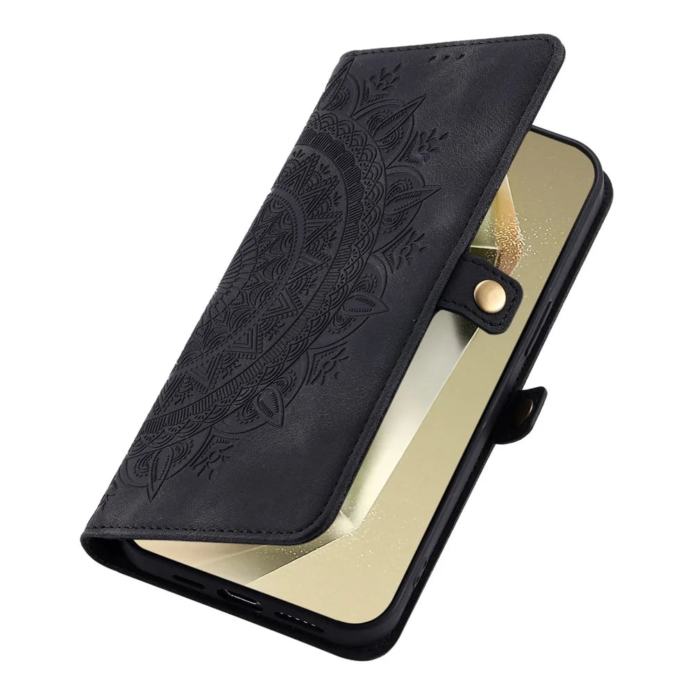 Style 016 For Samsung Galaxy A36 5G Case Skin Feel Totem Imprinted Wallet Leather Phone Cover - Black - 5